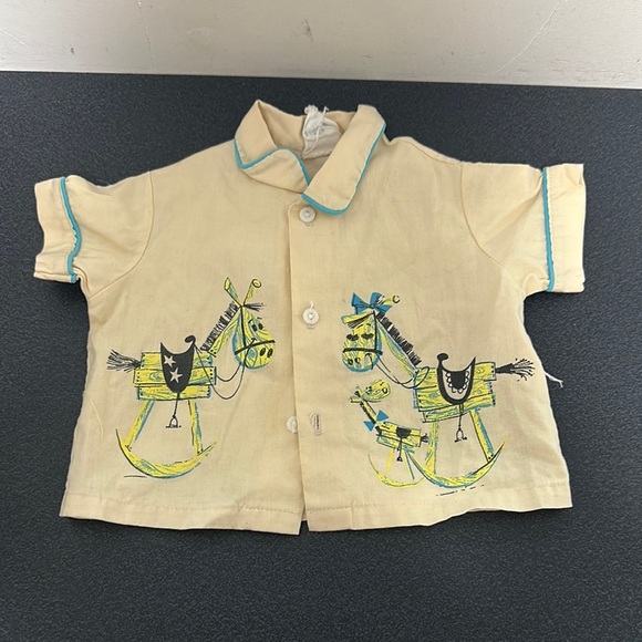 Cream Kids Shirt with Rocking Horse Print 60’s - Picture 1 of 2